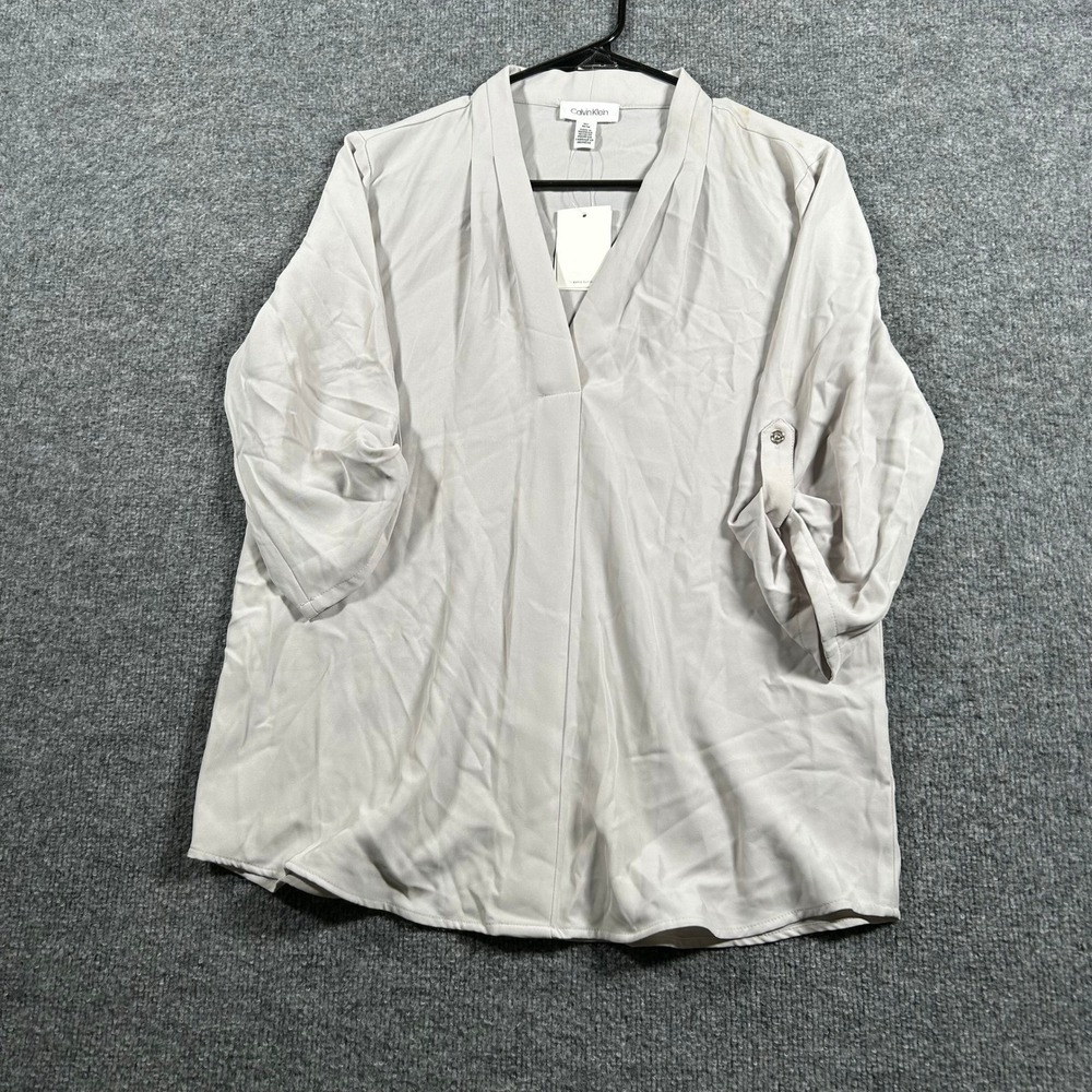 Calvin Klein Blouse Womens Size M Gray V-Neck Roll-Tab Sleeve Casual Work Top